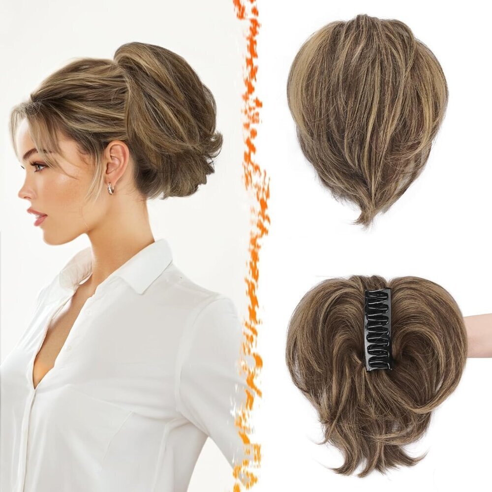 Human Hair Ponytail Extension Short Brown Blonde Claw Clip Messy Bun